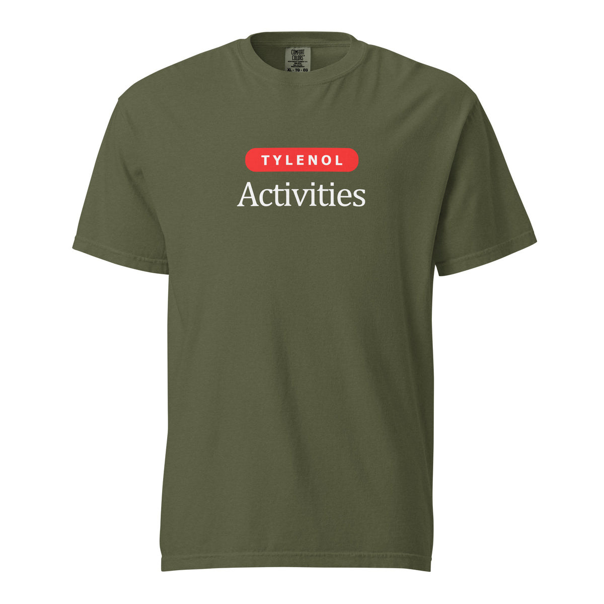 Hemp T-shirt, front view, with a red 'Tylenol' label above white 'Activities' lettering.