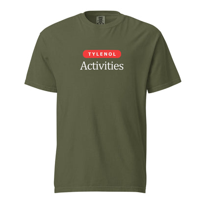 Hemp T-shirt, front view, with a red 'Tylenol' label above white 'Activities' lettering.