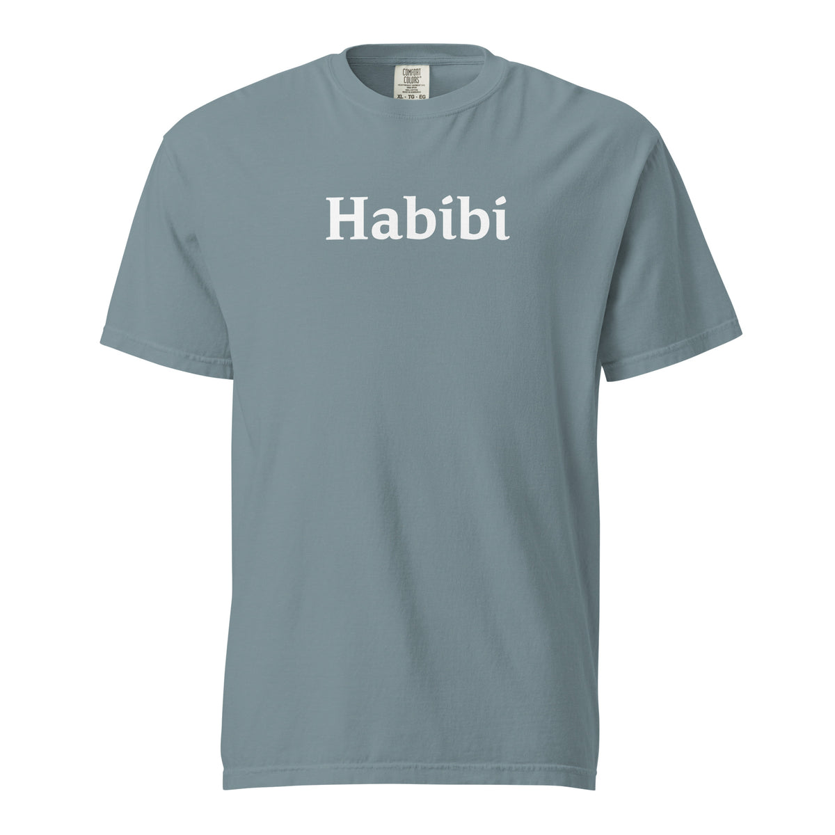 Ice Blue T-shirt, front view with white "Habibi" lettering.