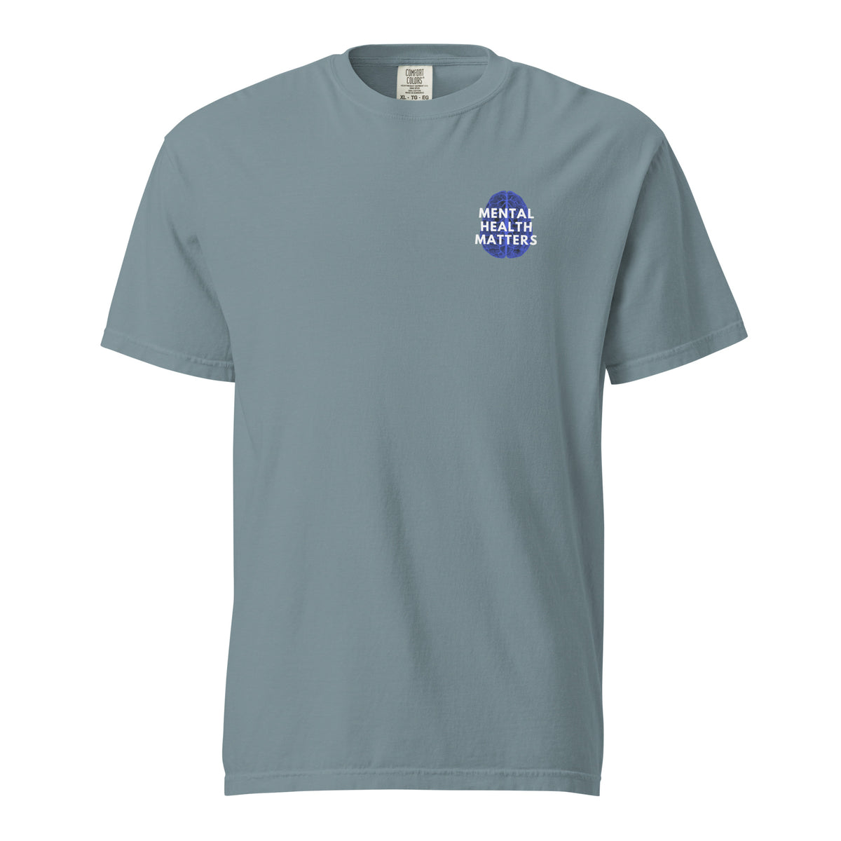 Ice Blue T-shirt, front view with a small blue-and-white "Mental Health Matters" chest design.