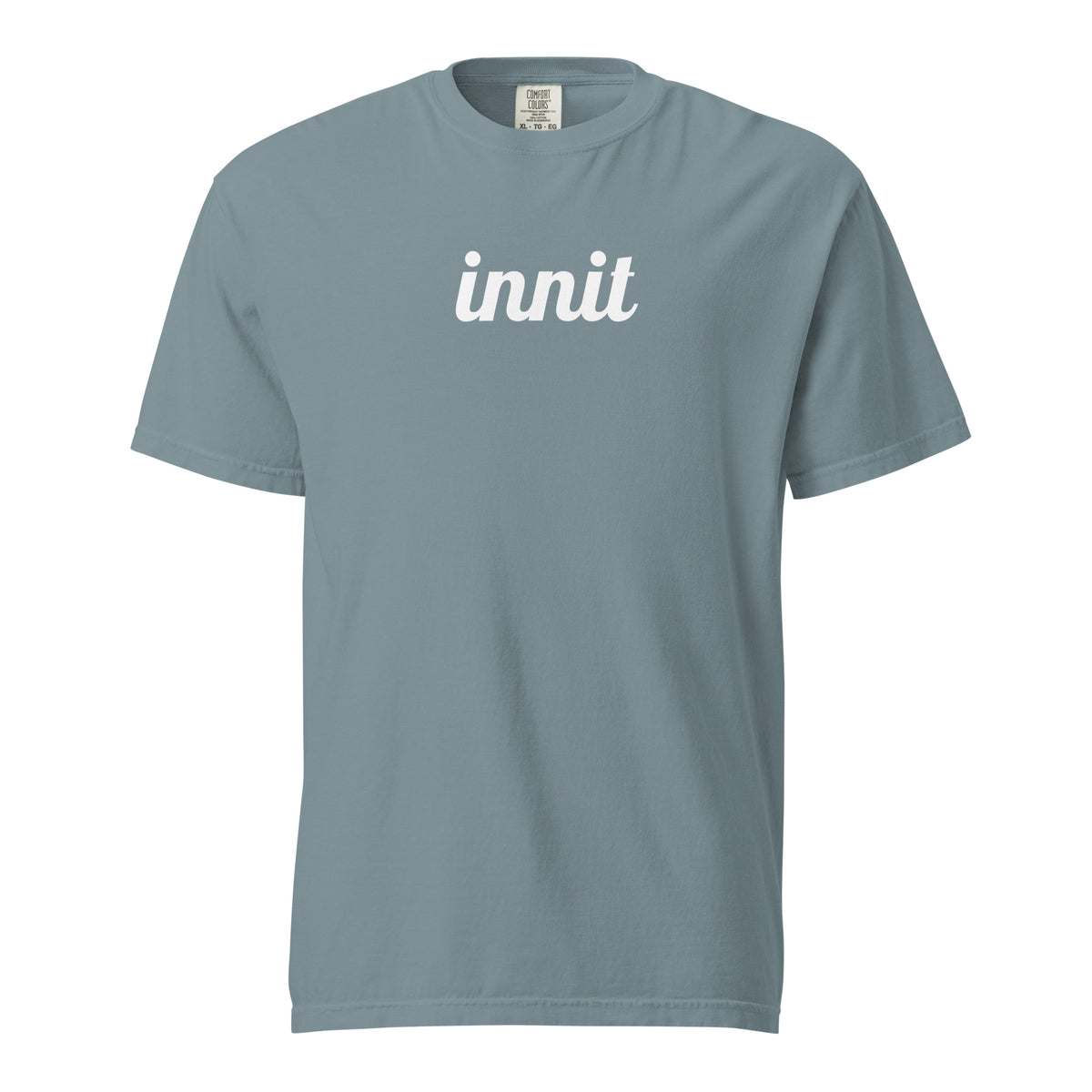 Innit T-shirt in Ice Blue, front view with white "innit" lettering.