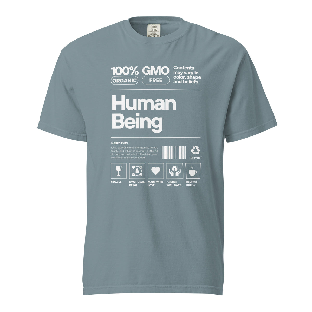 Ice Blue T-shirt, front view, with a white label-style 'Human Being' design with small icons.