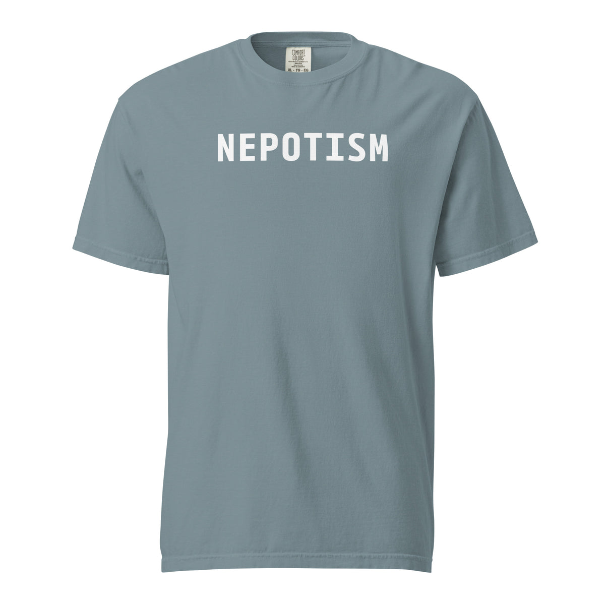 Ice Blue T-shirt, front view with white "NEPOTISM" lettering.