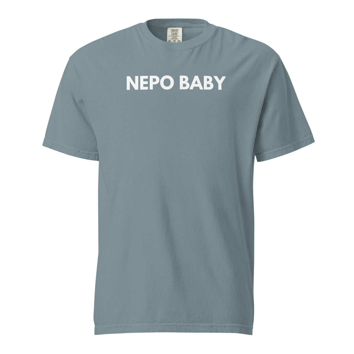 Ice Blue T-shirt, front view, with white 'NEPO BABY' lettering.