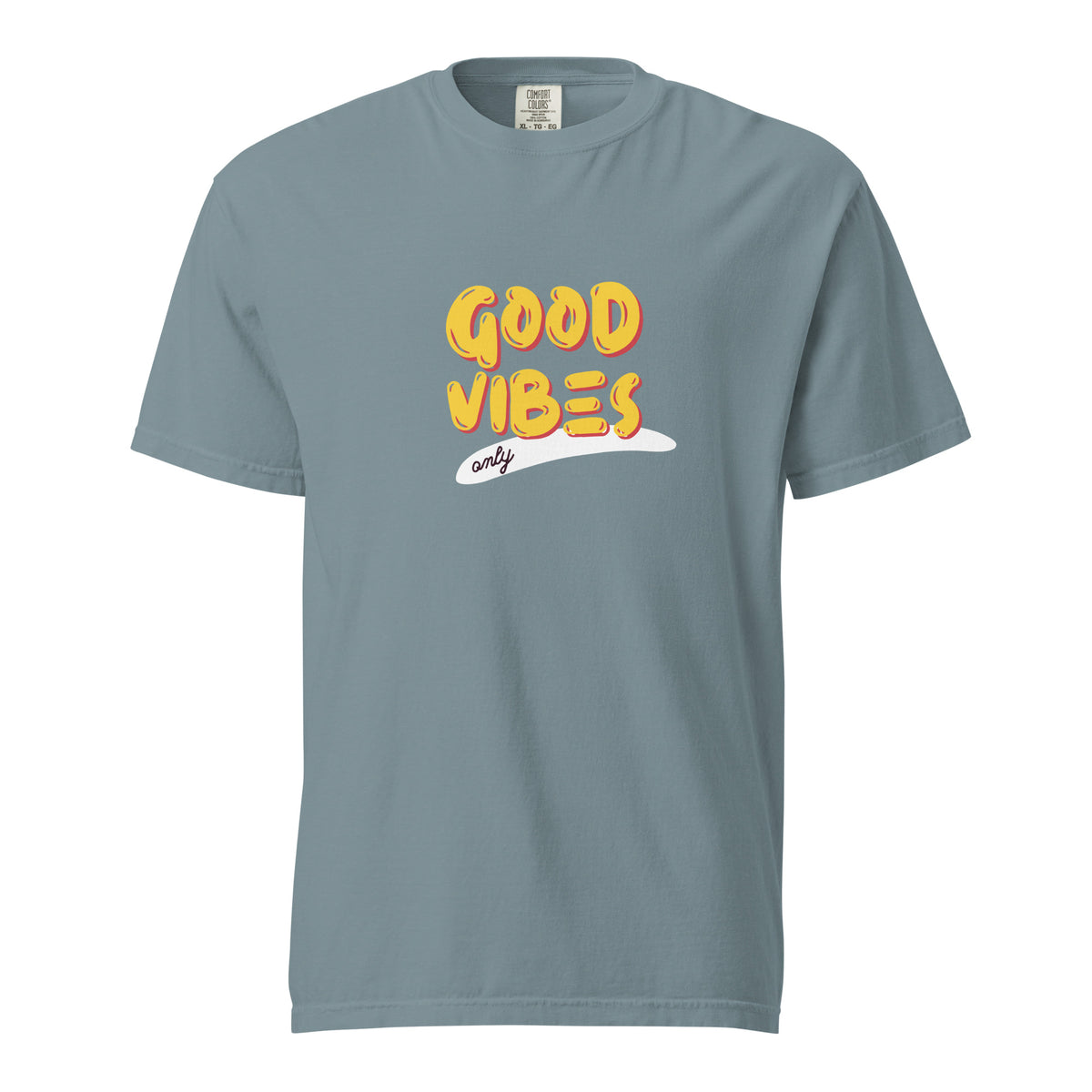Ice Blue T-shirt, front view with yellow "Good Vibes" lettering and a white underline.