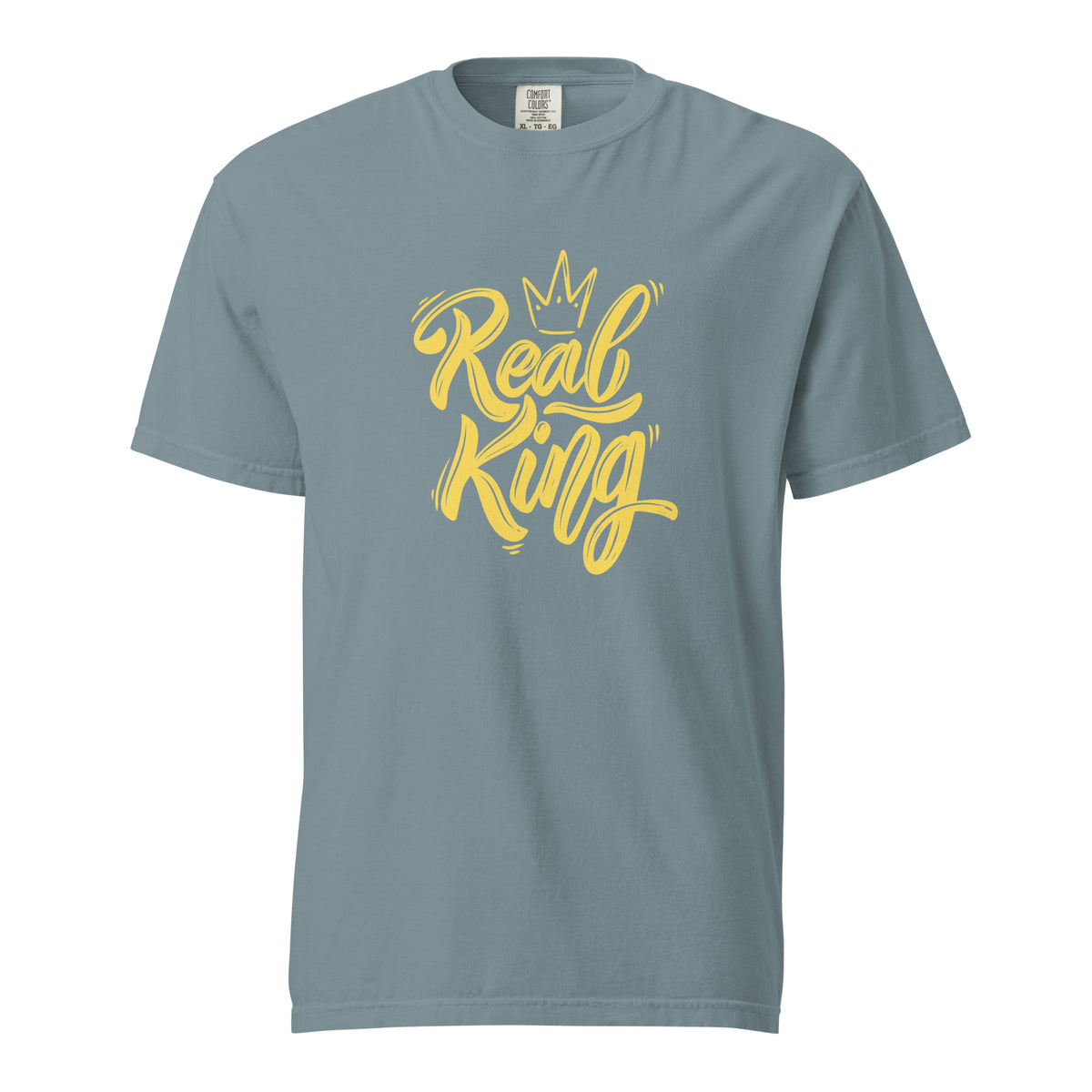 Ice Blue T-shirt with yellow Real King script and crown, front view.