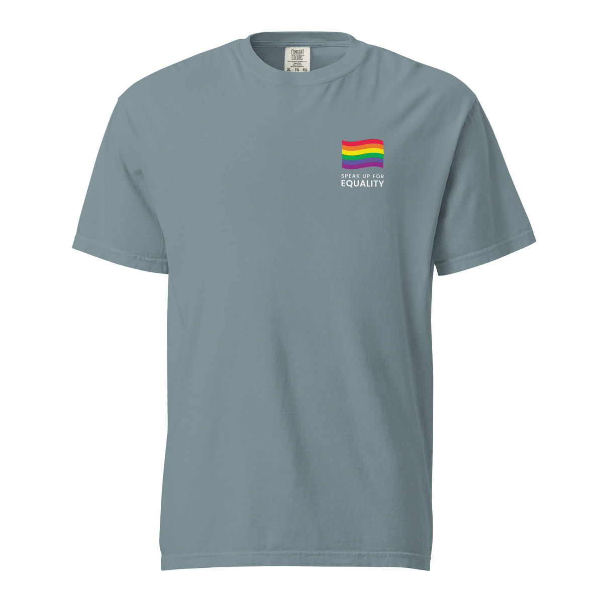 Ice Blue T-shirt with a rainbow flag and equality message, front view.