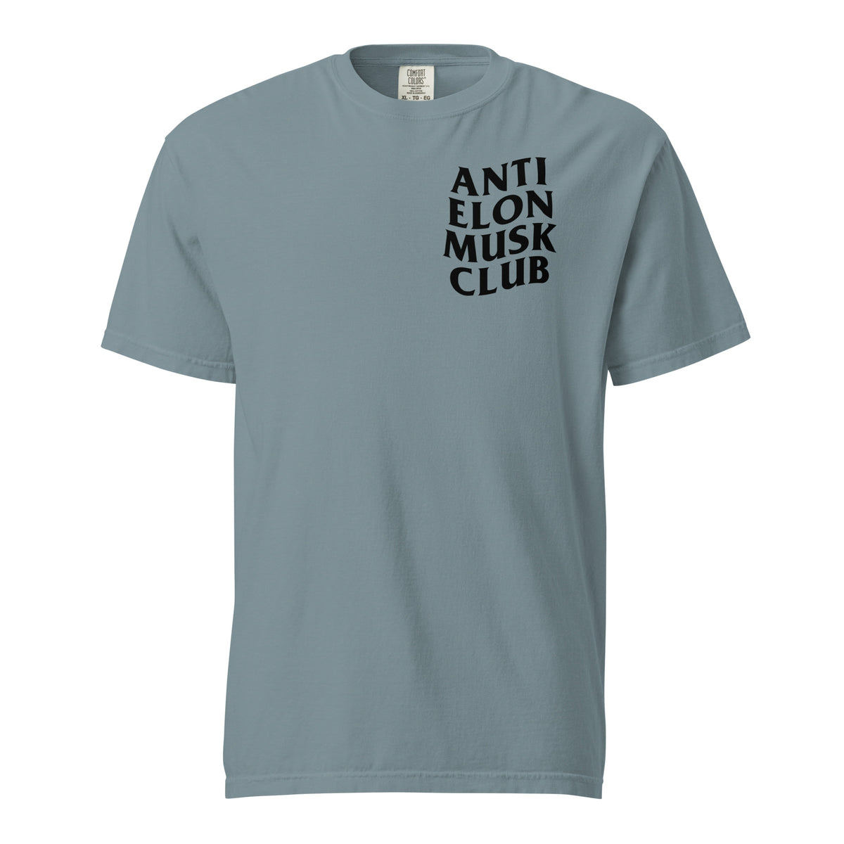 Ice Blue T-shirt, front view with small black "Anti Elon Musk Club" chest lettering.