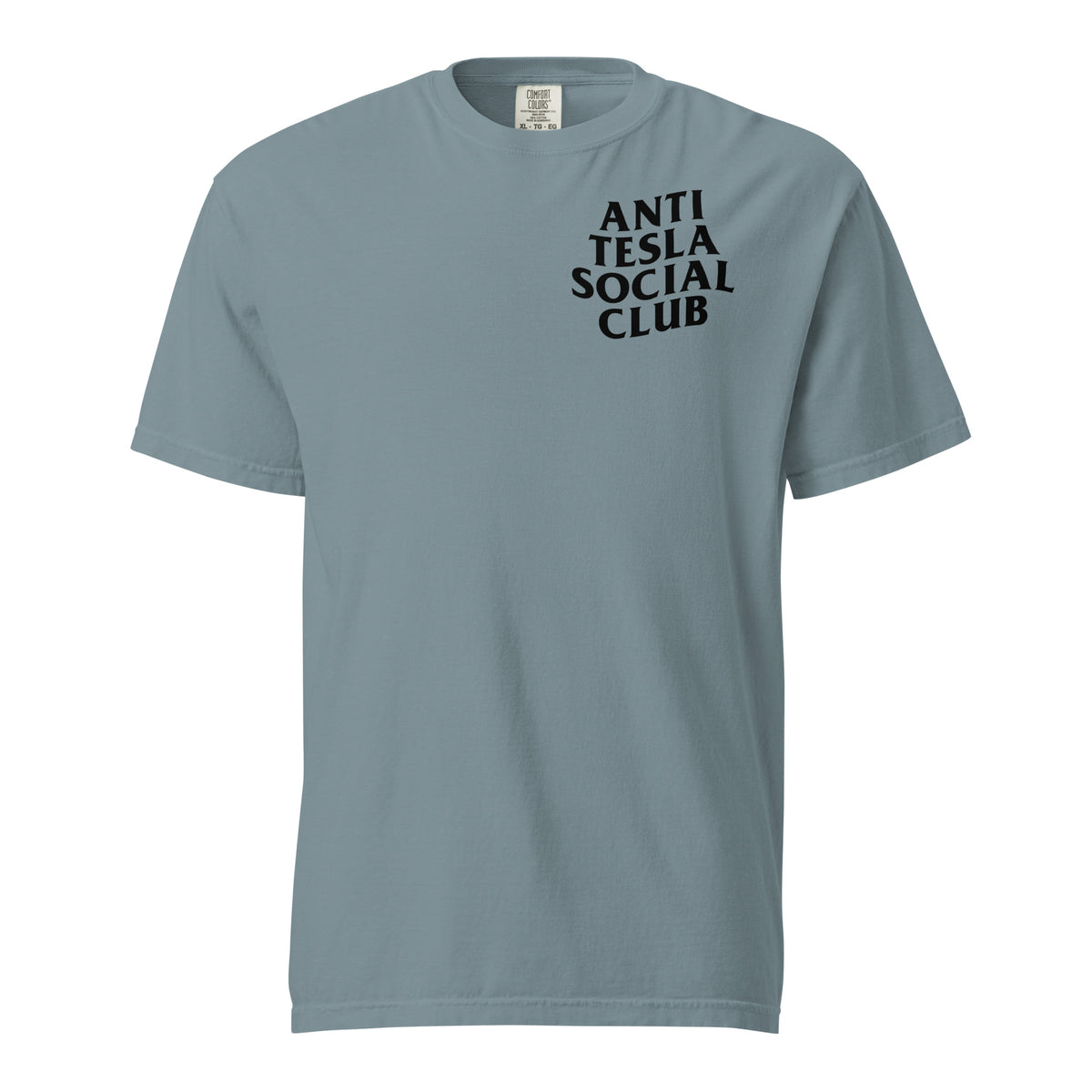 Ice Blue T-shirt with black Anti Tesla Social Club lettering, front view with small chest lettering.