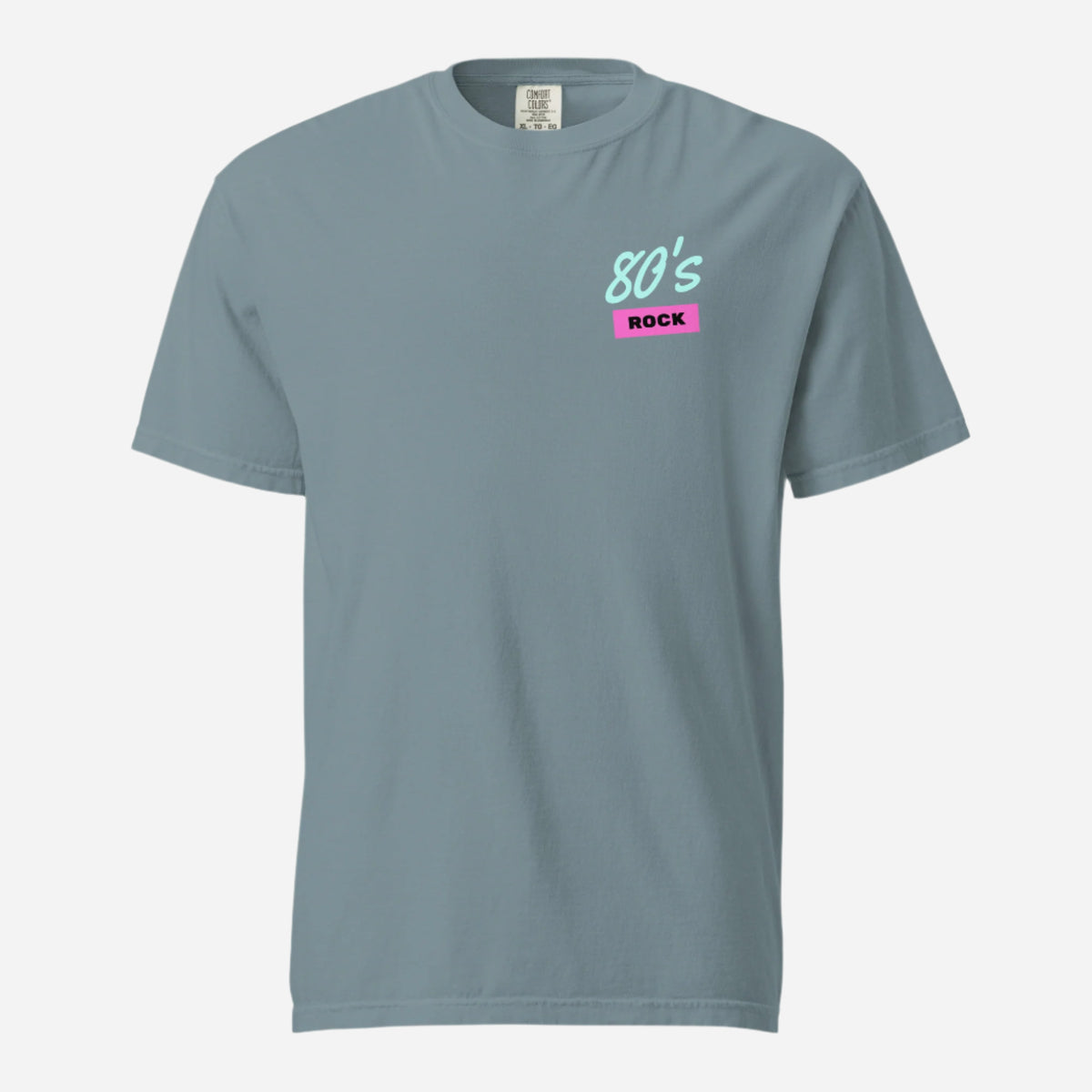 Ice Blue T-shirt, front view, with small mint '80s' lettering above a pink 'ROCK' label on the chest.