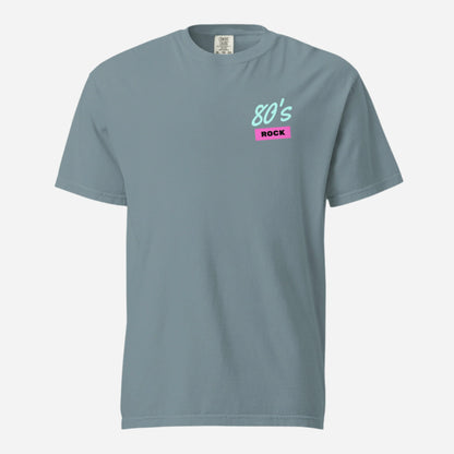Ice Blue T-shirt, front view, with small mint '80s' lettering above a pink 'ROCK' label on the chest.