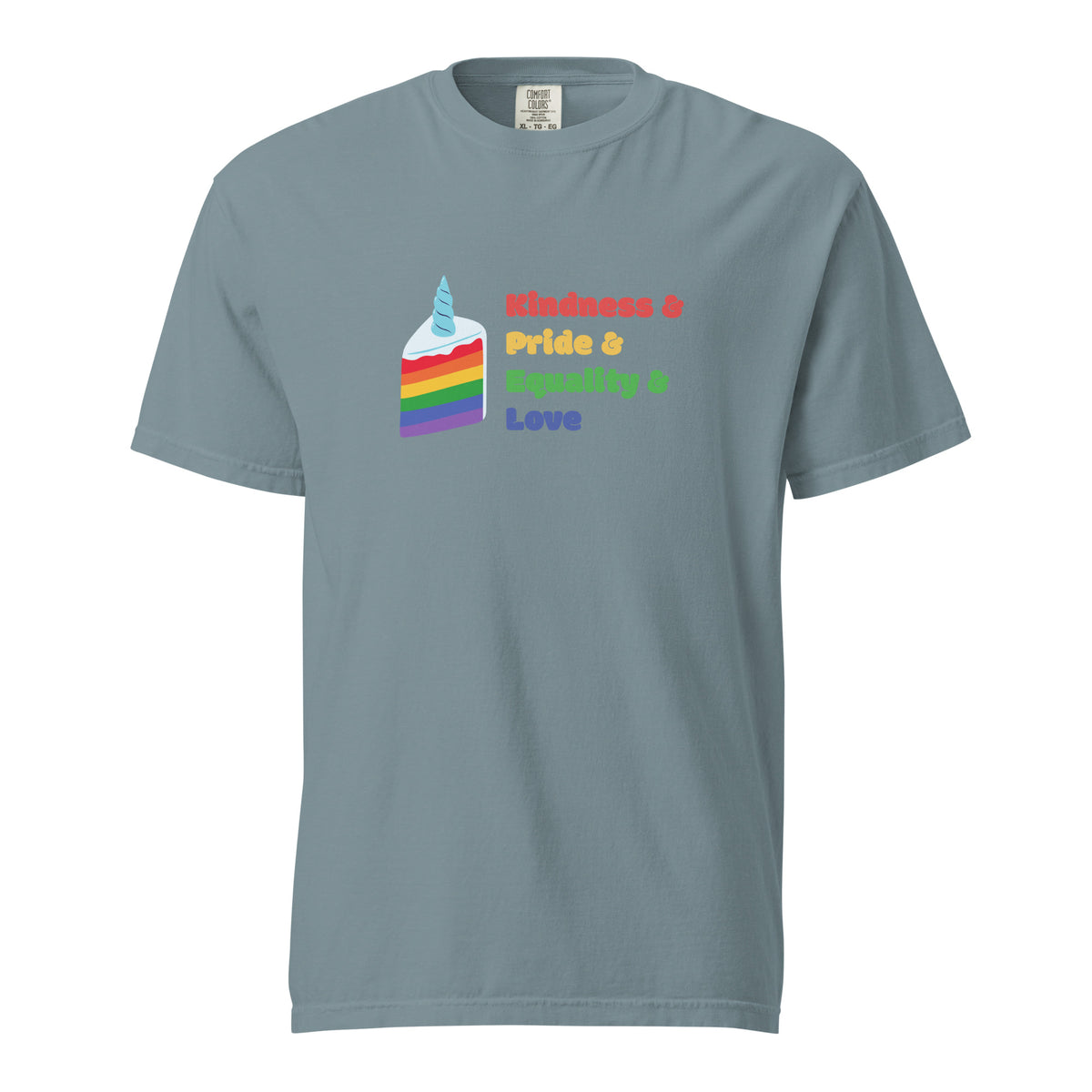 Ice Blue T-shirt with a rainbow graphic and Kindness, Pride, Equality and Love text, front view.