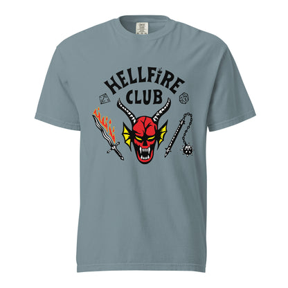 Ice Blue T-shirt, front view, with a red horned face beneath black 'Hellfire Club' lettering.