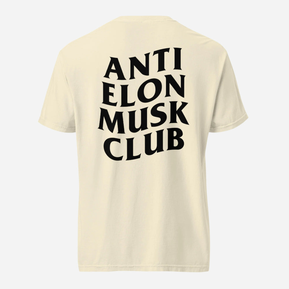 Ivory T-shirt, back view with large black "Anti Elon Musk Club" lettering.