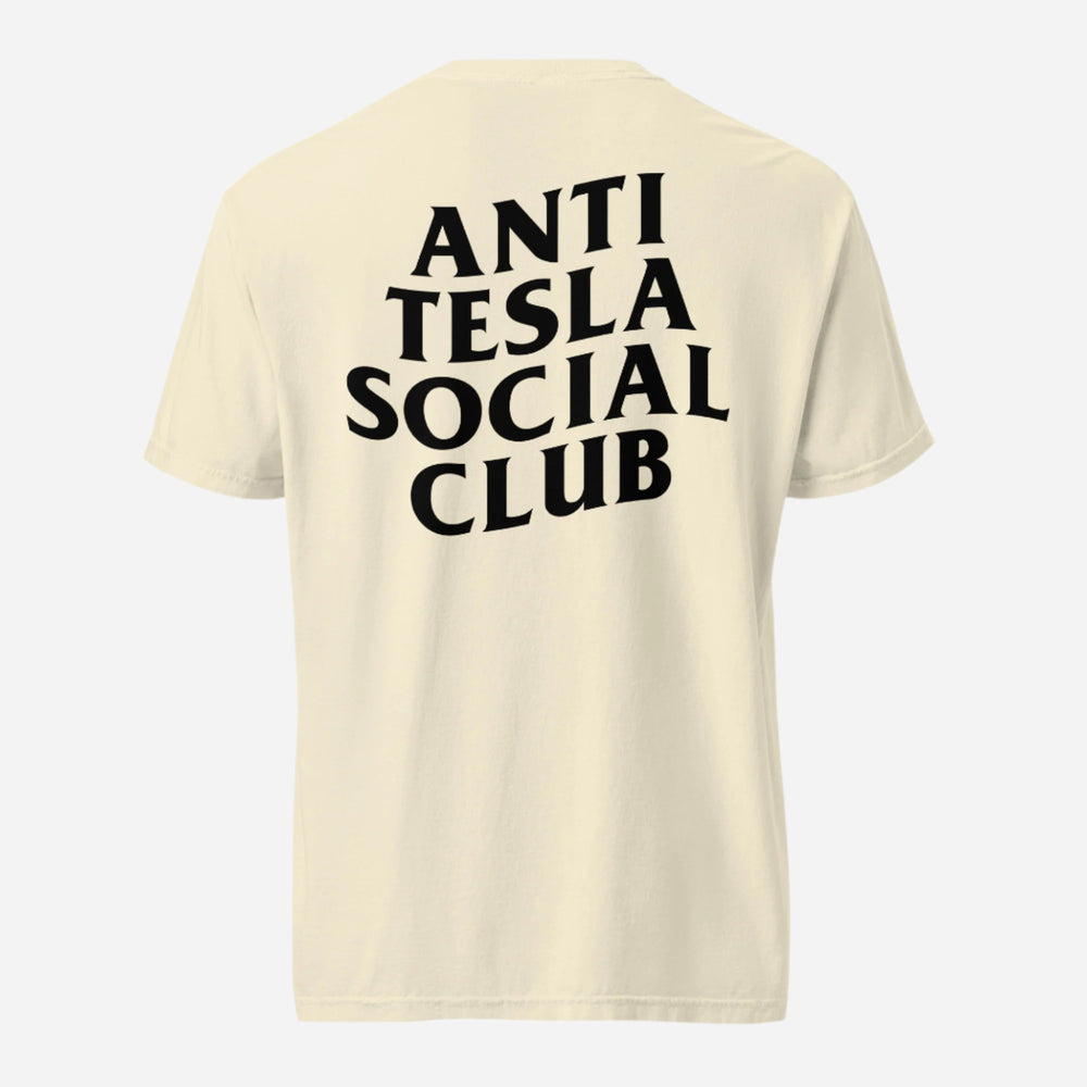 Ivory T-shirt with black Anti Tesla Social Club lettering, back view.