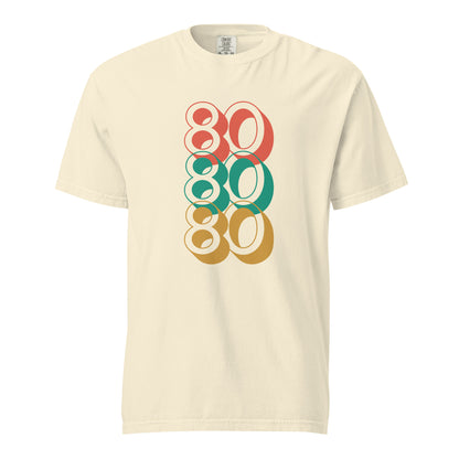 Ivory T-shirt, front view with stacked red, green and yellow "80" numerals.