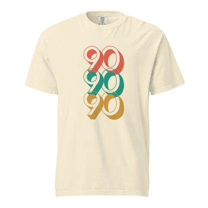 Ivory T-shirt with stacked red, green and yellow 90 numerals, front view.