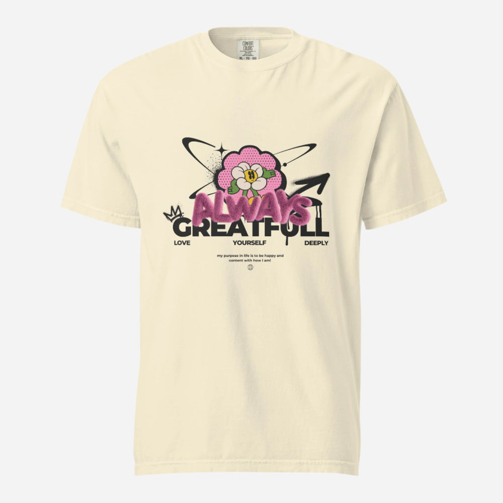 Ivory T-shirt with a pink flower and Always Grateful lettering, front view.