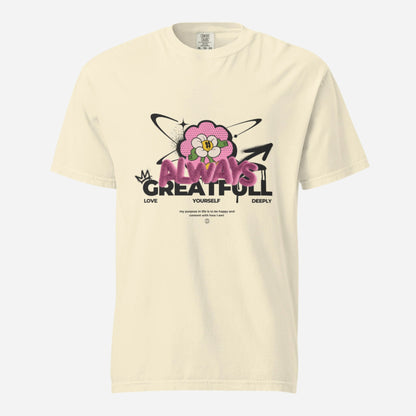 Ivory T-shirt with a pink flower and Always Grateful lettering, front view.