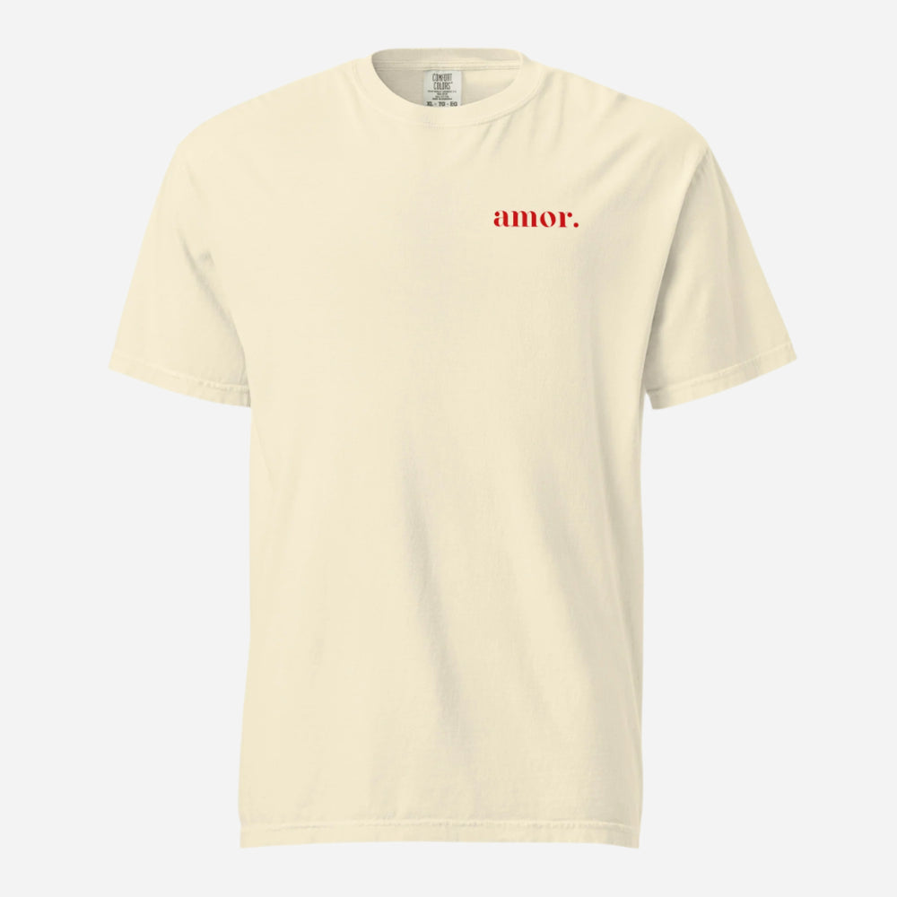 Ivory T-shirt, front view, with small red 'amor.' lettering on the chest.