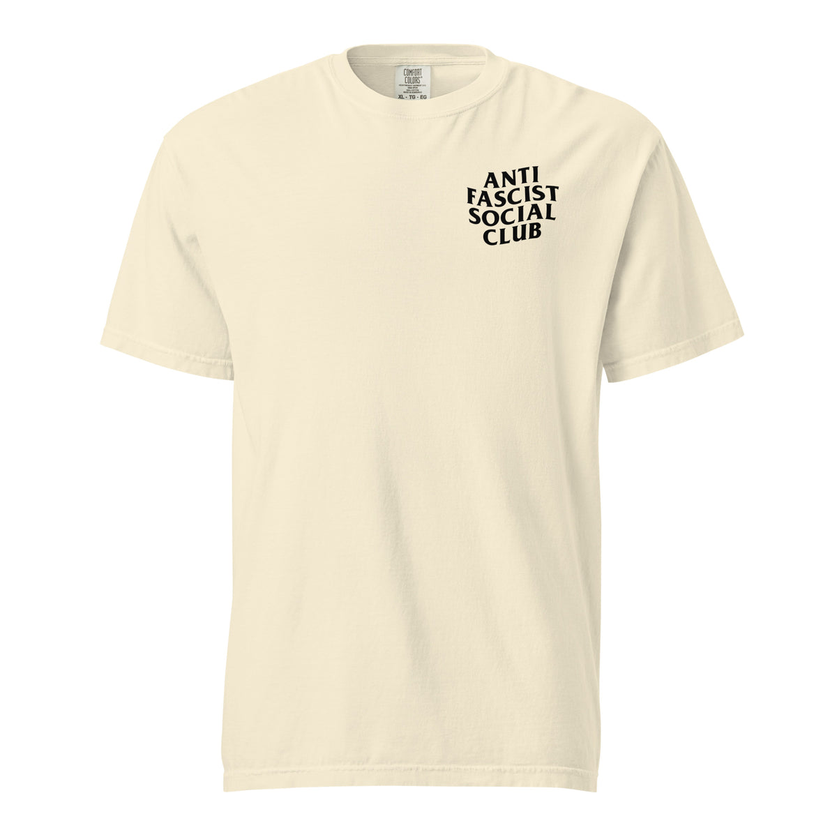 Ivory T-shirt, front view with small black "Anti Fascist Social Club" chest lettering.