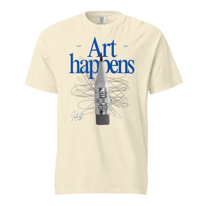 Ivory T-shirt with blue Art Happens text and pencil graphic, front view.