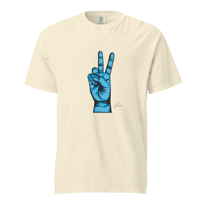 Ivory T-shirt, front view, with an illustrated blue hand making a peace sign.