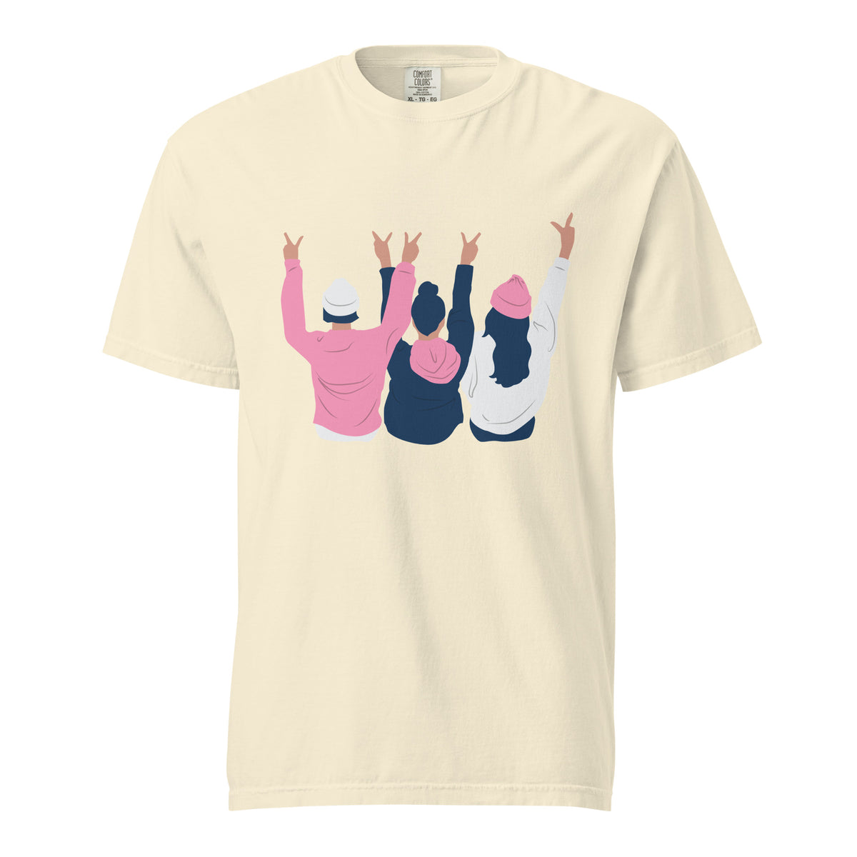 Ivory T-shirt, front view with an illustration of three figures raising peace signs.