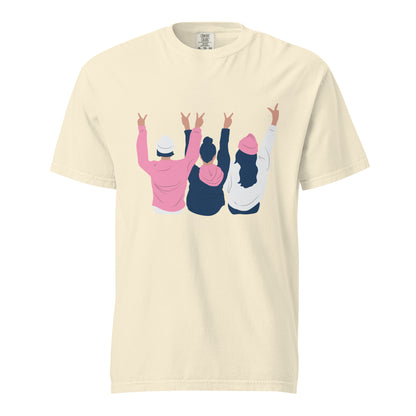 Ivory T-shirt, front view with an illustration of three figures raising peace signs.
