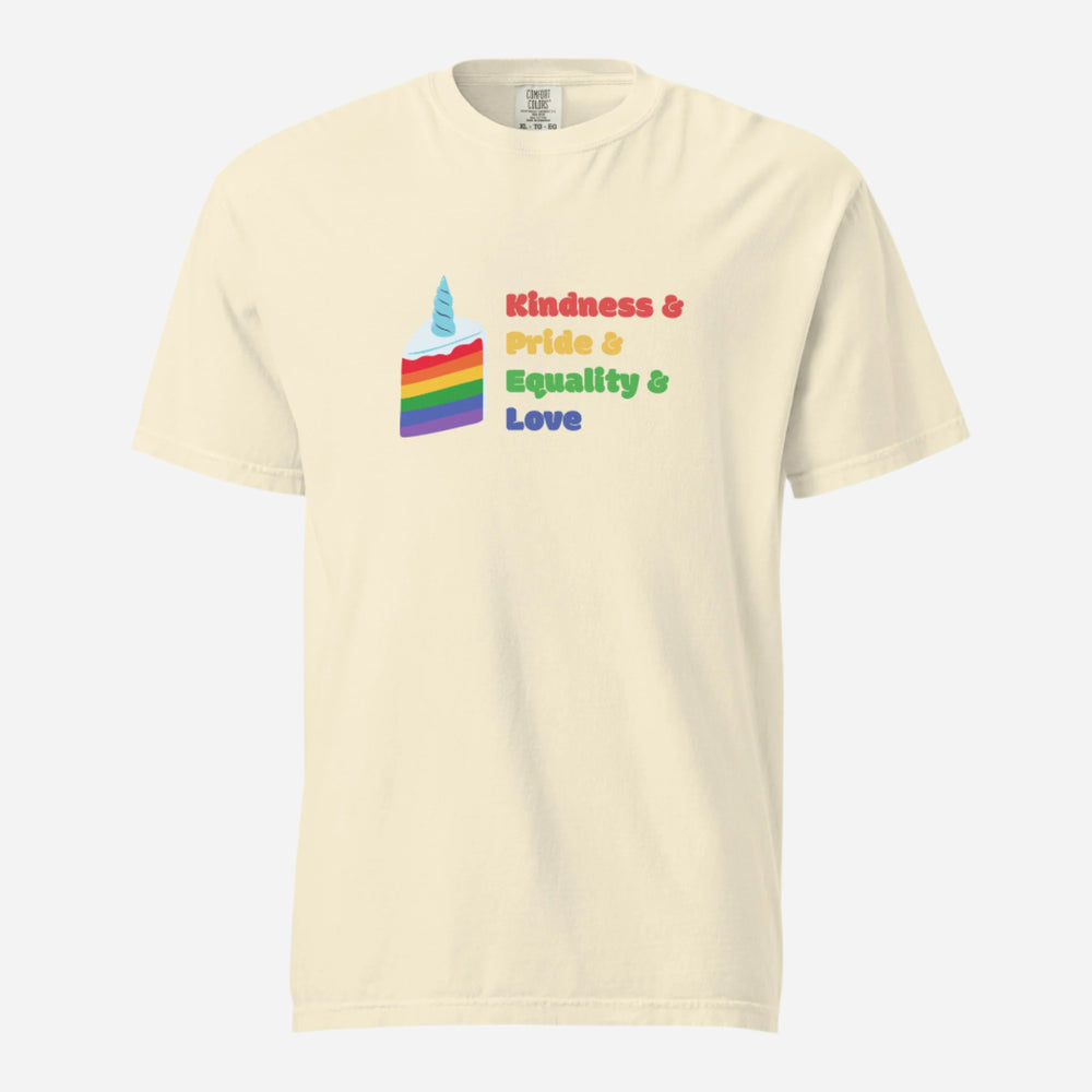Ivory T-shirt with a rainbow graphic and Kindness, Pride, Equality and Love text, front view.