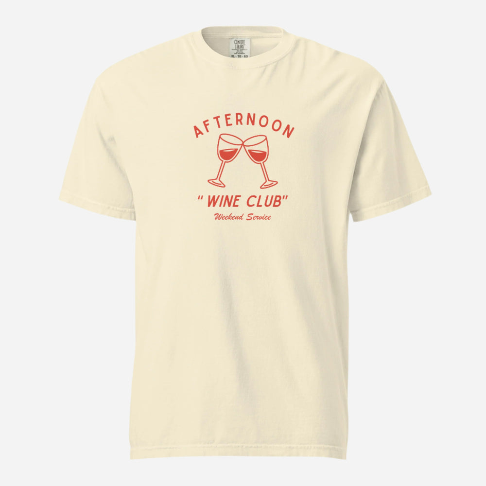 Ivory T-shirt, front view with red wine-glass graphics and "Afternoon Wine Club" lettering.
