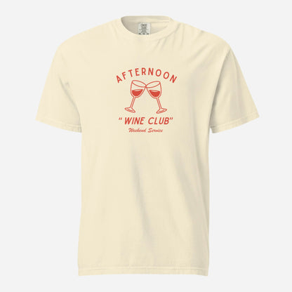 Ivory T-shirt, front view with red wine-glass graphics and "Afternoon Wine Club" lettering.