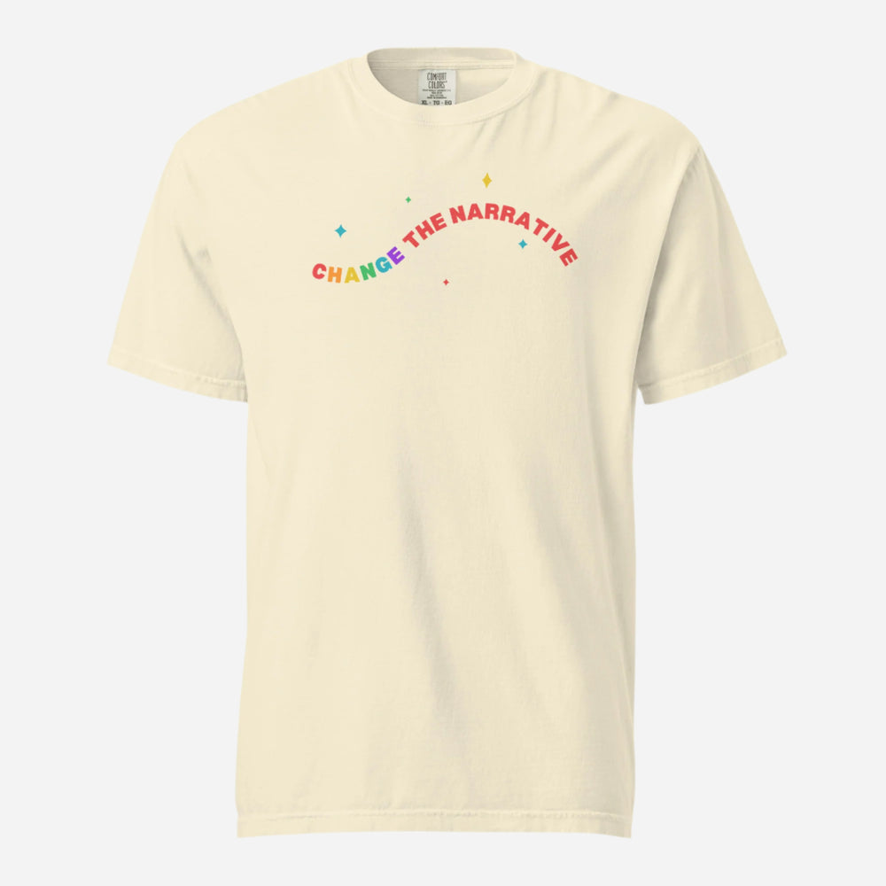 Ivory T-shirt, front view with rainbow "Change the Narrative" lettering.