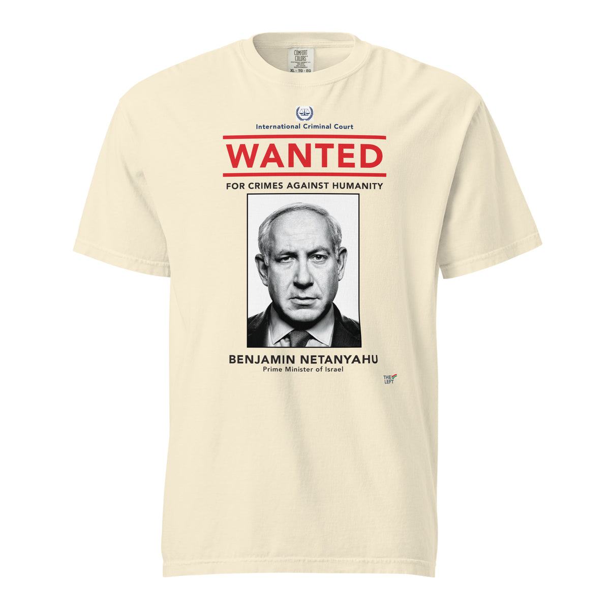 Ivory T-shirt, front view, with a wanted-poster design with a monochrome portrait and red 'WANTED' text.