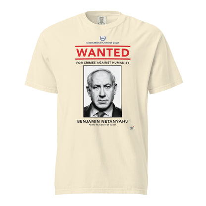 Ivory T-shirt, front view, with a wanted-poster design with a monochrome portrait and red 'WANTED' text.