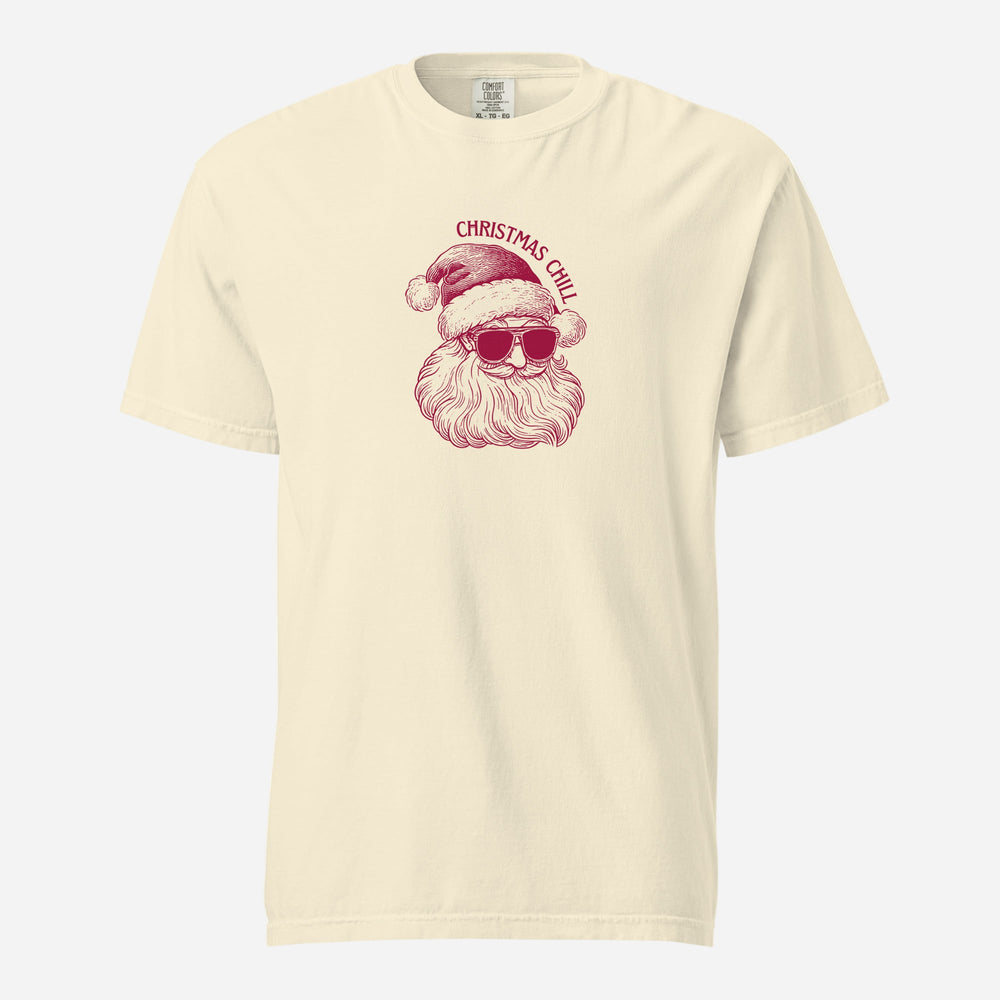 Ivory T-shirt with a red Santa face in sunglasses and Christmas Chill text, front view.