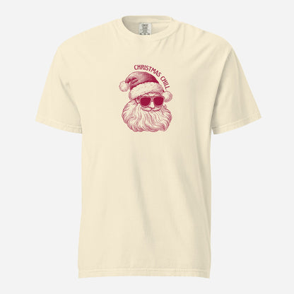 Ivory T-shirt with a red Santa face in sunglasses and Christmas Chill text, front view.