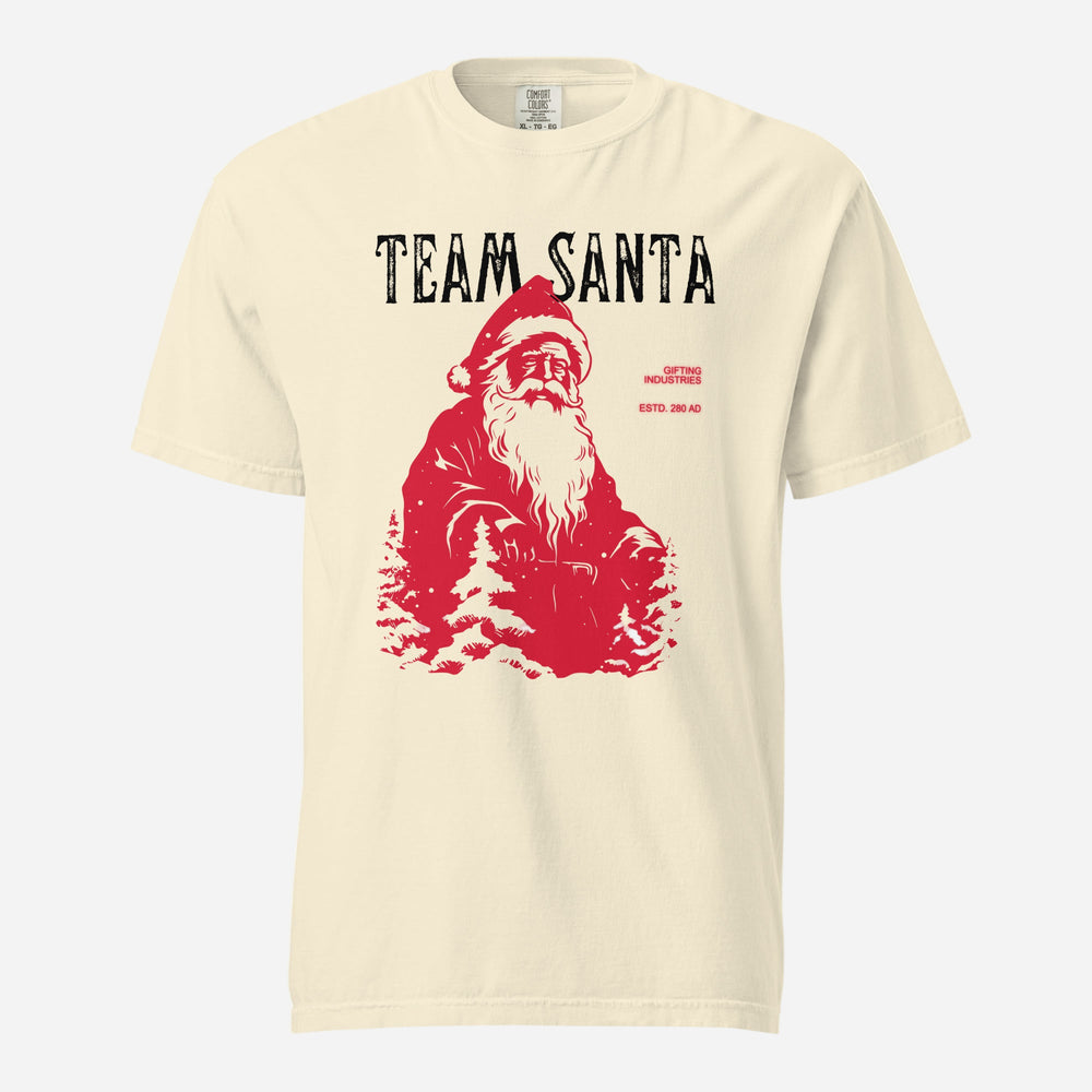 Ivory T-shirt, front view, with a red Santa and tree illustration beneath black 'Team Santa' text.