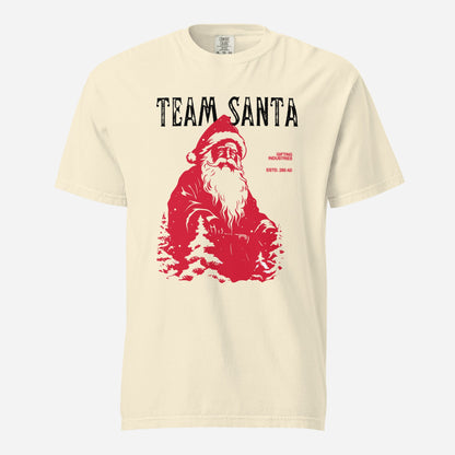 Ivory T-shirt, front view, with a red Santa and tree illustration beneath black 'Team Santa' text.