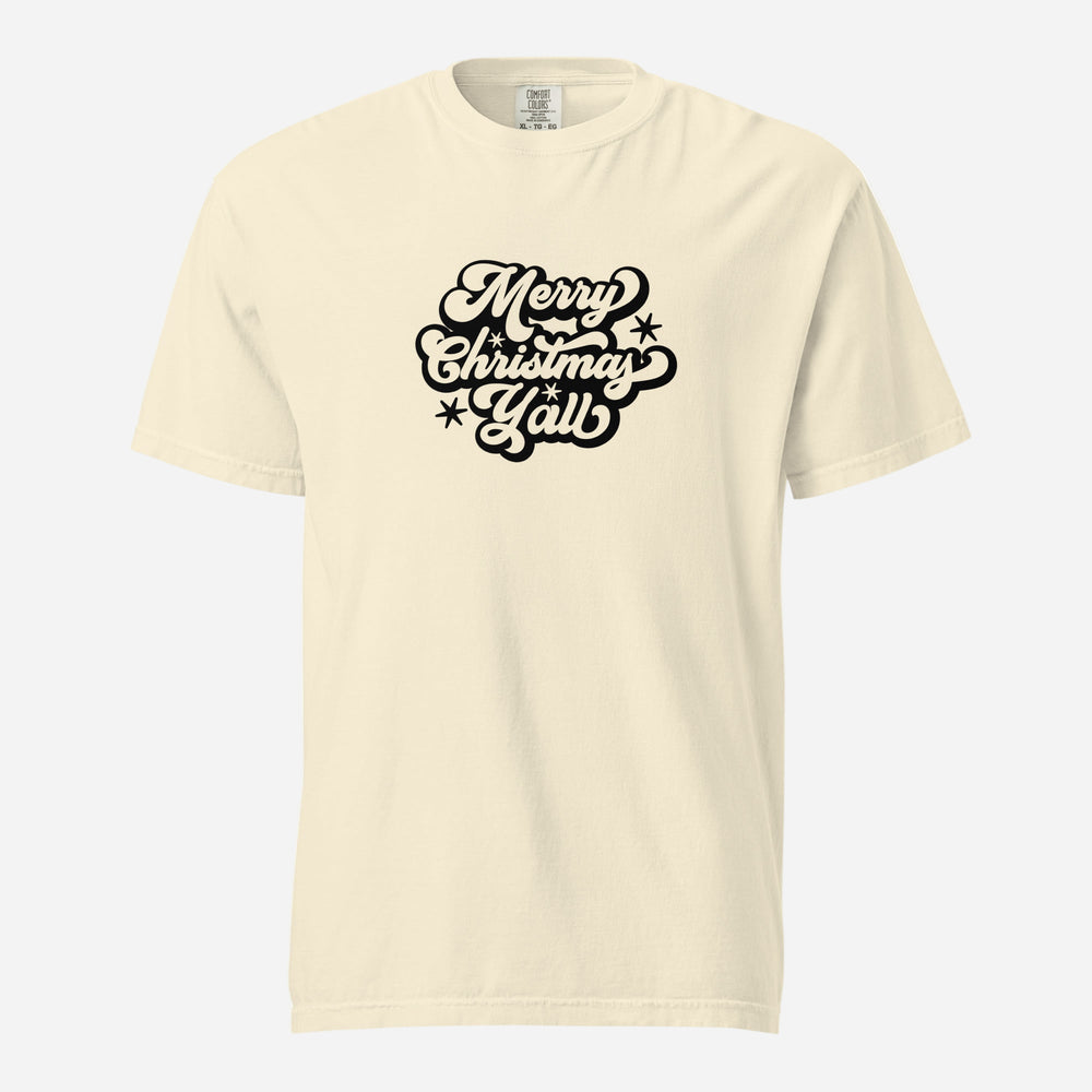 Ivory T-shirt, front view, with black 'Merry Christmas Y'all' script and stars.