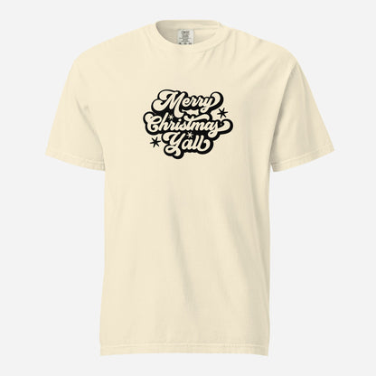 Ivory T-shirt, front view, with black 'Merry Christmas Y'all' script and stars.
