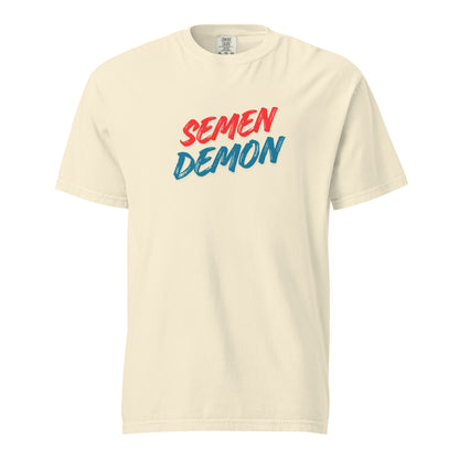 Ivory T-shirt, front view, with red and teal 'Semen Demon' lettering.