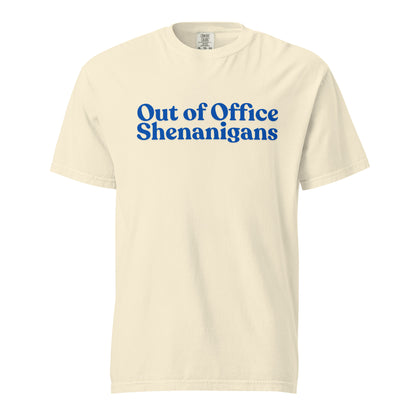 Ivory T-shirt, front view, with blue stacked 'Out of Office Shenanigans' lettering.