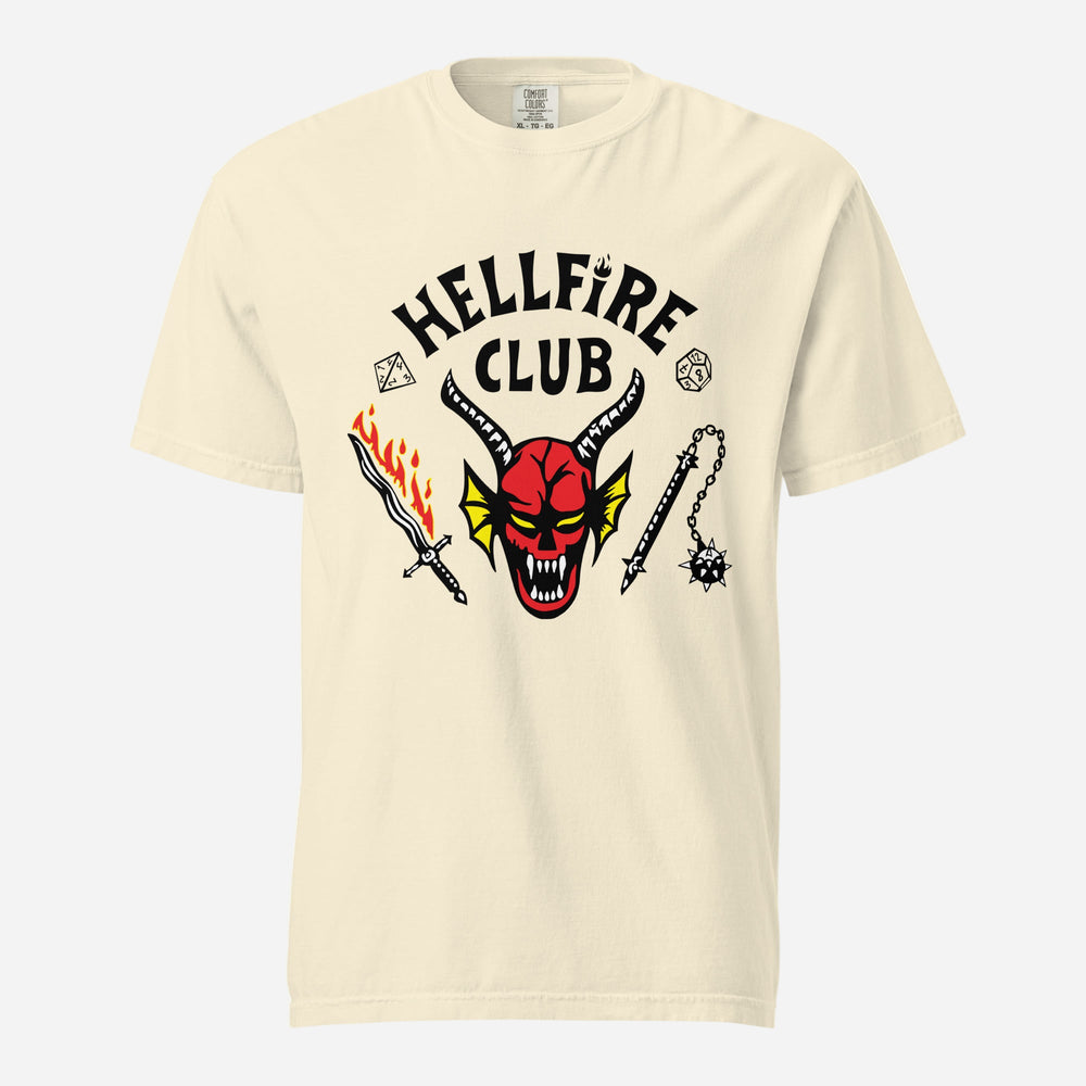 Ivory T-shirt, front view, with a red horned face beneath black 'Hellfire Club' lettering.