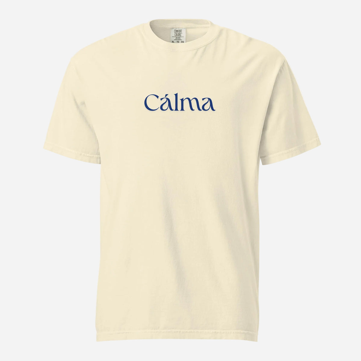 Ivory T-shirt, front view, with blue 'Calma' lettering.