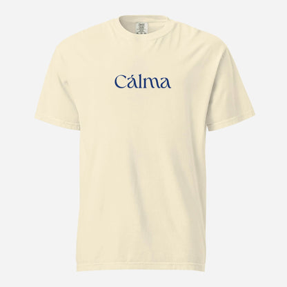 Ivory T-shirt, front view, with blue 'Calma' lettering.