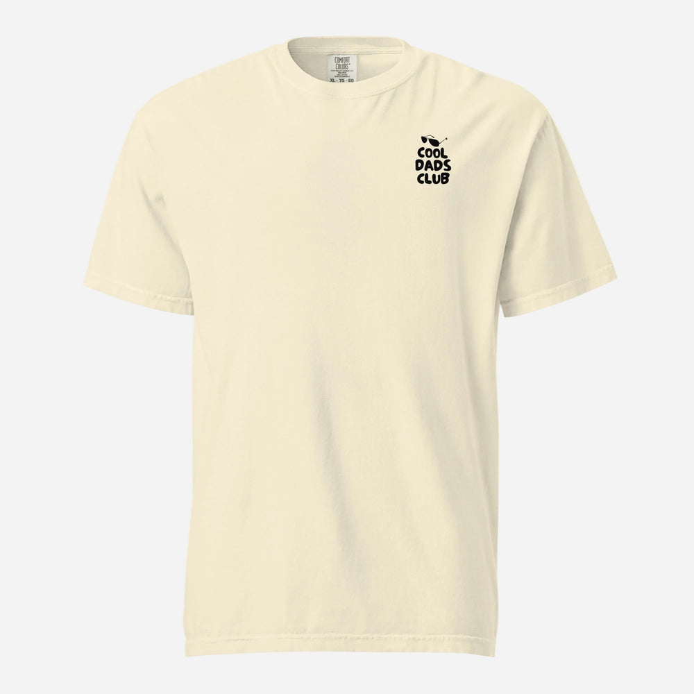 Ivory T-shirt, front view, with small black 'Cool Dads Club' chest lettering.