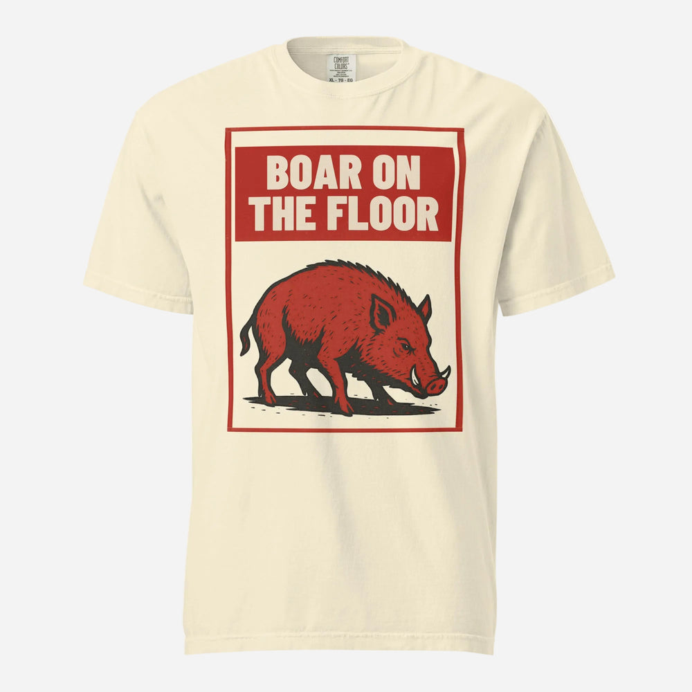 Ivory T-shirt with a red boar illustration and Boar on the Floor text, front view.
