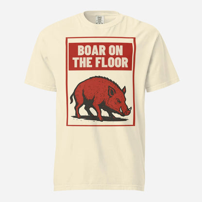 Ivory T-shirt with a red boar illustration and Boar on the Floor text, front view.