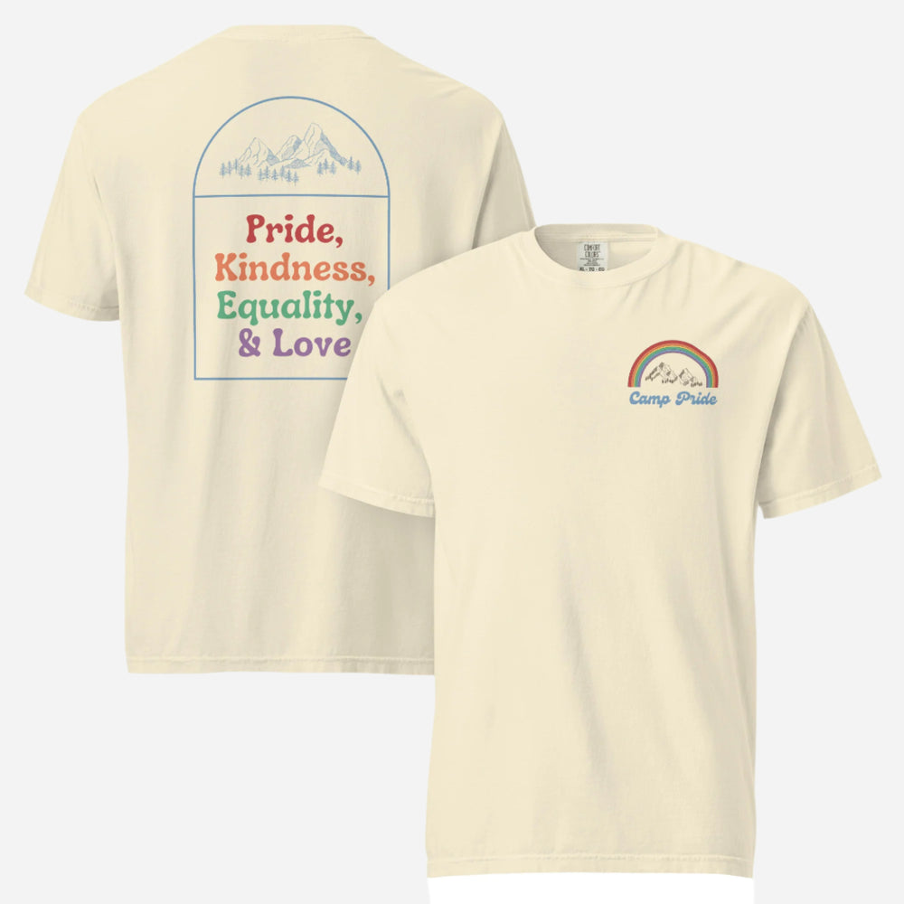Ivory T-shirt with a Camp Pride chest badge and large Pride, Kindness, Equality and Love back design, front and back views.